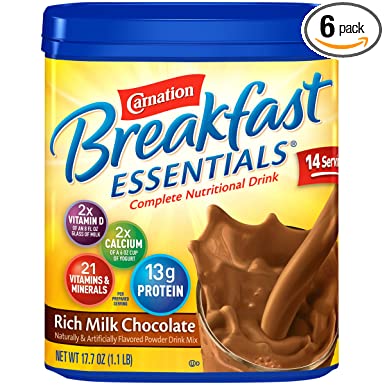 Carnation Breakfast Essentials Powder Drink Mix, Rich Milk Chocolate, 17.7 Ounce Jar (Pack of 6) (Packaging May Vary)