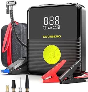 Portable Car Jump Starter with Air Compressor 3500A MARBERO 12V Portable Car Battery Booster Pack 8.0 Gas/7.0L Diesel 150PSI Digital Tire Inflator Jump Box with Digital Screen, Flashlights, Power Bank