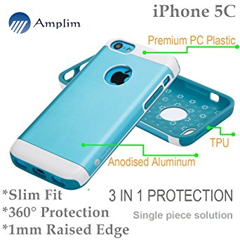iPhone 5C Case: Amplim New Slim & Luxury Hard Blue Aluminum Metal   Tough Plastic   Soft TPU Thin Hybrid Protective Back Skin Cover. 3-Layer Heavy Duty Shockproof Protector (APPLE-PHONE-SHIELD-B)