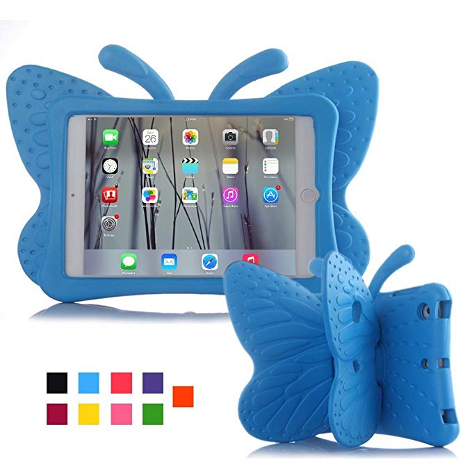 iPad mini 4 case, Leebay Non-toxic Light EVA iPad mini case, Kids-use 3D Cartoon Butterfly ipad mini 4 case, Shockproof Cover with Stand for kids (Blue)