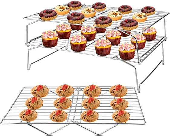3-Tier Cooling Rack Set, P&P CHEF Stackable Stainless Steel Baking Cooling Roasting Cooking Racks for Cake, Pastry, Bread, Meat, Bacon, Collapsible & Thick wire, Oven & Dishwasher Safe - 15’’x10’’