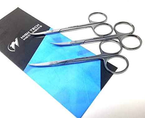 HTI BRAND Iris Micro Dissection Lab Sharp Scissors, Curved, 4.5" (11.43cm) Fine Point , Stainless Steel (Pack of 3)
