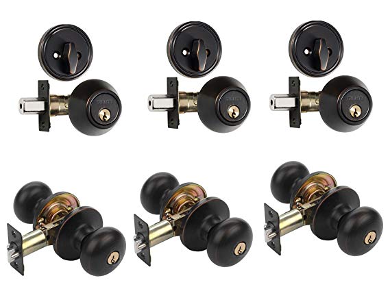 Dynasty Hardware CP-TAH-12P, Tahoe Entry Door Knob Lockset and Single Cylinder Deadbolt Combination Set, Aged Oil Rubbed Bronze (3 Pack) Keyed Alike