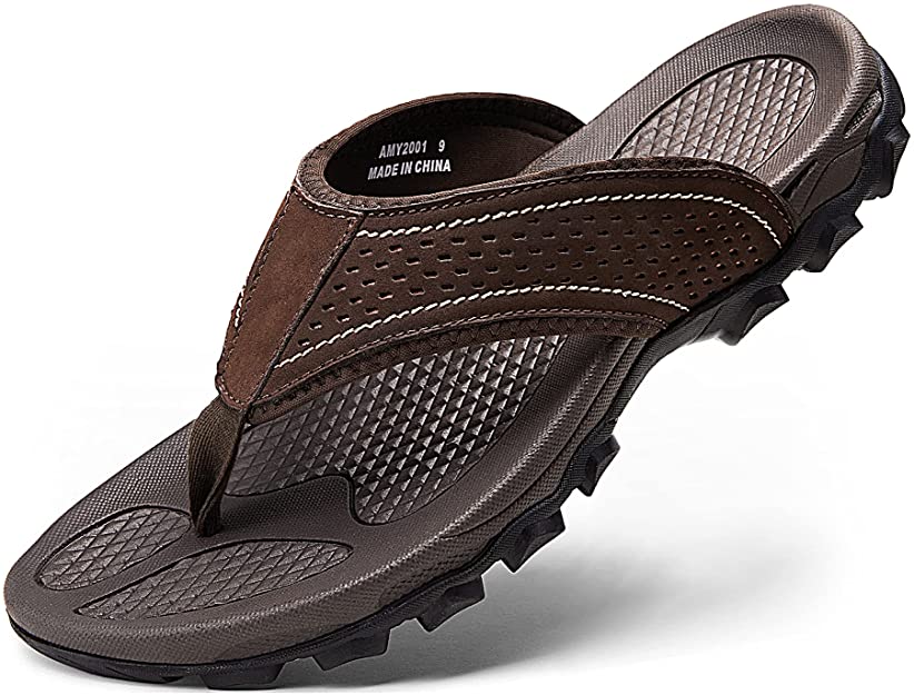 Jousen Men's Flip Flops Leather Sandals for Men Arch Support Sport Casual Thong Sandals Non-Slip Outdoor Beach Flip Flop