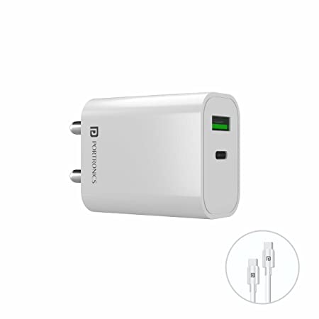 Portronics Adapto 44 Fast Charging 20W Mobile Charger with Dual Output(USB   PD) (White)