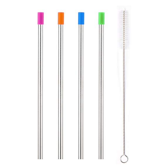 Set of 4 Stainless Steel Metal Straws with Cleaning Brush and Silicon Covers 9 Inch for 20oz 30oz Drinking Cups Travel Mug Widen Straws for Thick Drinks Smoothie Milkshake Juice |8mm Diameter|