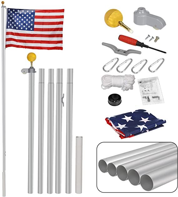 ZENY 16FT Sectional Flag Pole 3'x5' American Flag & Ball Top Kit Hardware Outdoor Garden Halyard Pole Inground Flagpole (16FT)