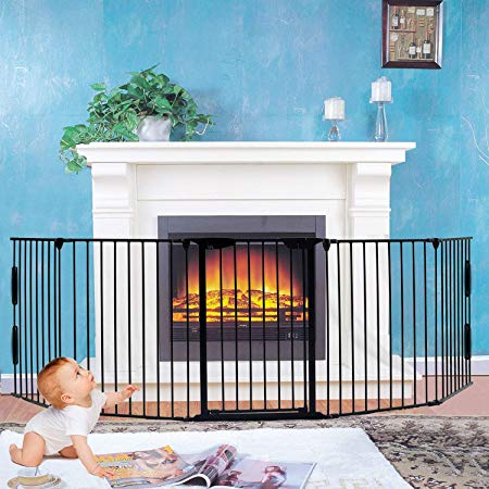Fireplace Fence,Baby Safety Gate Fireplace Freestanding 3-in-1 Wide Adjustable 5-Panel Folding Metal Barrier- 125" Long Play Yard with Door for Indoor/Pet/Dog/Christmas Tree Enclosure,30" Tall Black