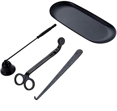 Candle Accessory Set, 4pcs Candle Care Tools Includes Candle Wick Trimmer, Candle Wick Dipper, Candle Wick Snuffer and Storage Tray Plate for Candle Lovers (Black)