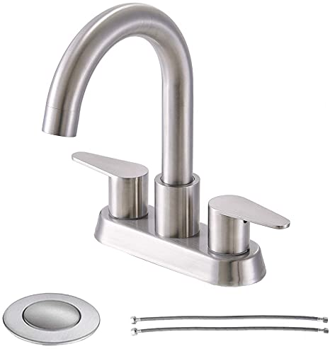 Comllen Modern Commercial Double Handle Laundry Basin Vanity Bathroom Faucet, Brushed Nickel Lavatory Sink Faucet with Pop Up Drain and Supply Hose