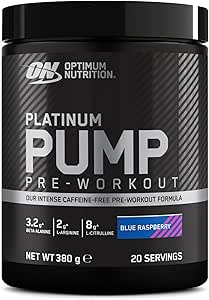 Optimum Nutrition ON Platinum PUMP, complément alimentaire pré-workout, intense et sans caféine avec Fruitflow, Beta-Alanine, L-Arginine, L-Citrulline, saveur Framboise Bleue, 20 portions, 380 g