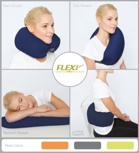 The Original FLEXi 4-in-1 Convertible Travel Pillow for Side Stomach and Back Sleepers Lumbar Support Features Adjustable Strap and Travel Bag Four colors Washable Navy