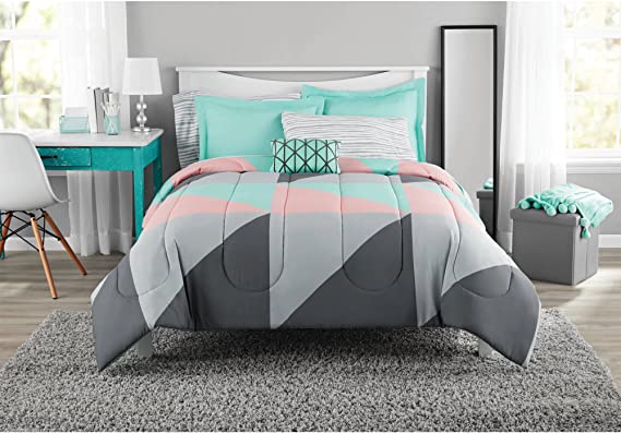 Fun and Bold Mainstays Gray and Teal Bed in a Bag Modern Comforter Set, Geometric Triangle Print with Teal Blue Gray and Pink Coral, Great for Dorms and Kid's Rooms! (Queen)