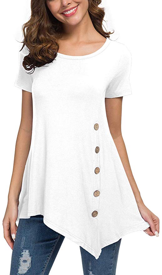 Viishow Women's Short Sleeve Scoop Neck Button Side Tunic Tops Blouse