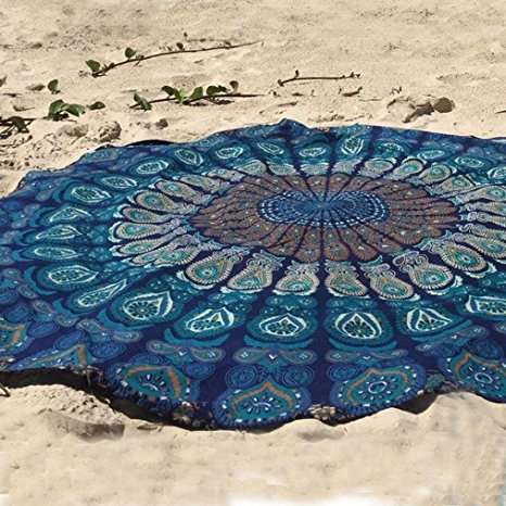 XILALU Bohemian Round Hippie Tapestry Beach Throw Mandala Towel Yoga Mat (Blue)