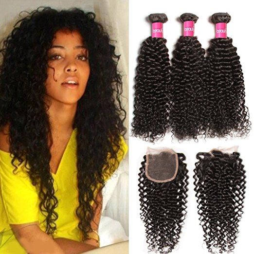 Longqi Hair Brazilian Curly Virgin Hair Weave 3-pack Bundles with 4X4 Lace Closure Human hair extensions Natural Color (16 18 20 14 Free Part Closure)