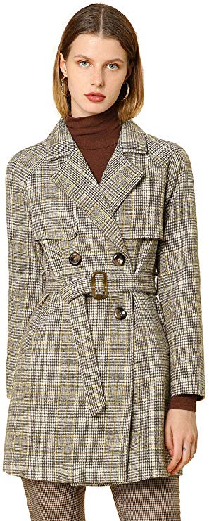 Allegra K Women's Double Breasted Raglan Sleeve Belted Plaid Trench Coat