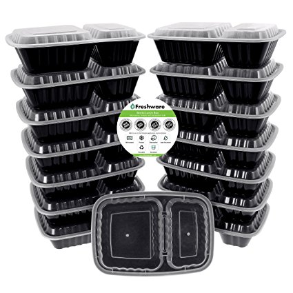 Freshware 15-Pack 2 Compartment Bento Lunch Boxes with Lids - Stackable, Reusable, Microwave, Dishwasher & Freezer Safe - Meal Prep, Portion Control, 21 Day Fix & Food Storage Containers (27oz)