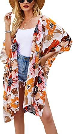 Hibluco Women's Sheer Chiffon Floral Kimono Cardigan Long Blouse Loose Tops Outwear