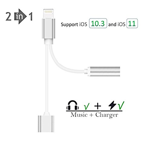 iPhone 7 / 7 plus / 8 / X Adapter (Support iOS 10.3, iOS 11) Sprtjoy 2 in 1 Lightning Adapter and Charger, Lightning to 3.5mm Aux Headphone Jack Audio Adapter for iphone 7, 7 plus, 8 plus, X(Silver)