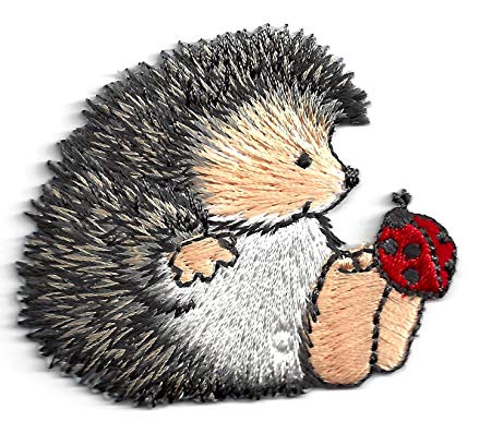 ANIMALS, HEDGEHOG w/LADYBUG - Iron On Embroidered Applique Patch -Cute Critters