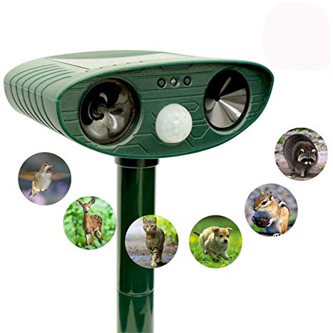 ZOVENCHI Ultrasonic Animal Repeller, Solar Powered repellent with Motion Sensor Ultrasonic and Red Flashing lights Outdoor Waterproof Farm Garden Yard repellent, Cats, Dogs, Foxes, Birds, Skunks, rod