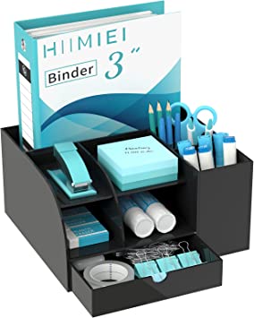 HIIMIEI Desk Organizer Acrylic Black Desk Organizer with Extra Space for Binders Files Documents Office Desk Organizers and Accessories with 7 Compartments & 1 Drawer for Desktop Office Home School