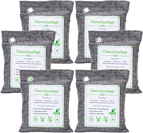 FOYO Bamboo Charcoal Air Purifying Bag（6 Pack） Activated Charcoal Odor Absorber Moisture Absorber Car Odor Eliminators for Home Charcoal Bags Odor Absorber （200gx6）