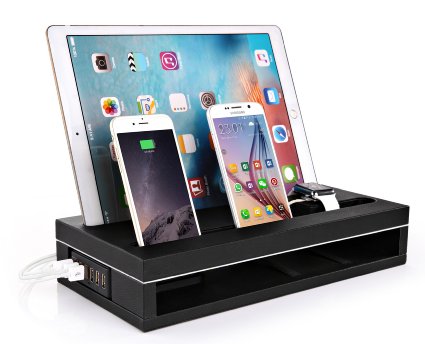 Masvoker PU Leather 4 in 1 Wooden Frame Charging Dock Station with 6 USB Ports for Tablets, Smartphones and Apple Watch