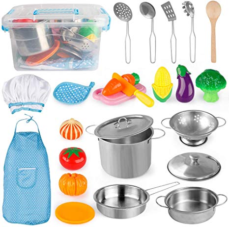 D-FantiX Kids Kitchen Pretend Play Toys Kitchen Playset Cookware Accessories Set with Stainless Steel Pots and Pans Utensils, Cooking Apron Chef Hat Cutting Vegetable Toys for Toddlers Boys and Girls