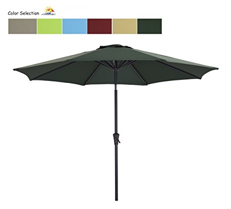 Patio Watcher 9-Ft Aluminum Patio Umbrella with Push Button Tilt and Crank, 250 GSM Fabric,8 Steel Ribs, Dark Green