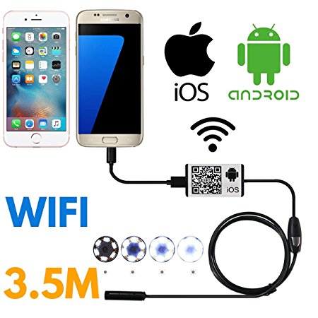 SanSiDo Endoscope Wifi Wireless iOS iPhone Android Borescope Endoscope Camera 2.0 Megapixels HD 6 Leds 9mm 720P IP66 Tube Waterproof Snake Inspection Camera for iPhone Samsung Smartphone - 3.5M