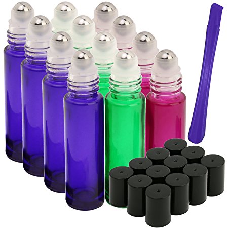 12Pcs, 10ml Glass Roller Bottles with Stainless Steel Roller Ball - Refillable Essential Oil Roll on Bottles with Lid Opener Pry Tool, Great for Aromatherapy, Perfumes and Lip Balms by JamHoo