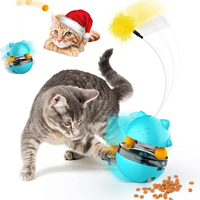 Automatic Cat Toy, 2-in-1 Cat Feather Toy & Cat Ball Toy, Cats Toy Interactive Cat Toys for Indoor Cats, Cat Puzzle Toys-Turntable Leaking Food Ball Cat Toy, Satisfies Kitty's Chasing & Eating Needs