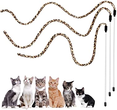Cat Teaser Wand Toy - 3 Pack Kitten String Toys with Leopard Ribbon, Funny Stick Toy Interactive Toys for Indoor Cats Kittens