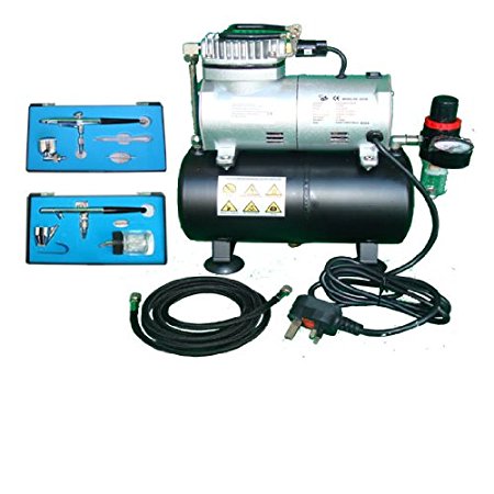 FoxHunter KMS Airbrush Kit AS186 AS 186 with Compressor with Tank with 2 x Double Action Airbrushes and Hose