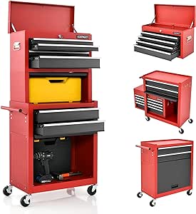 COSTWAY Large Rolling Tool Cabinet, 2-in-1 Detachable Metal Tool Chest with Drawers, Wheel, Handle, Hooks & Pegboard, Lockable Tool Box Trolley for Garage Workshop (with Middle Compartment, Red Black)