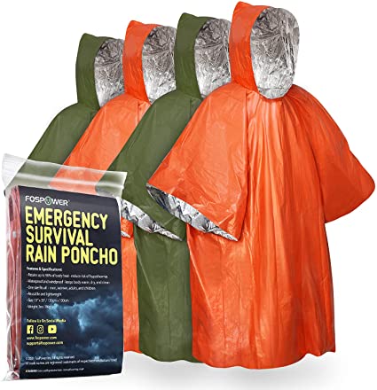 FosPower Emergency Waterproof Rain Poncho [4 Pack] [Retains 90% Body Heat] Reusable Lightweight Weather Resistant Raincoat with hood for Camping, Hiking, Outdoors, Emergency Supplies, Survival Kit