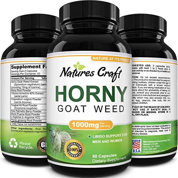 1000 mg Horny Goat Weed Supplement for Drive and Stamina - Pure Epimedium with Tongkat Ali Maca Root Ginseng Saw Palmetto - Boosts Performance for Men and Women 90 Capsules by Natures Craft