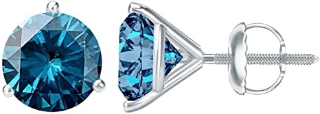 1/2-10 Carat Total Weight Blue Diamond Stud Earrings 3 Prong Screw Back