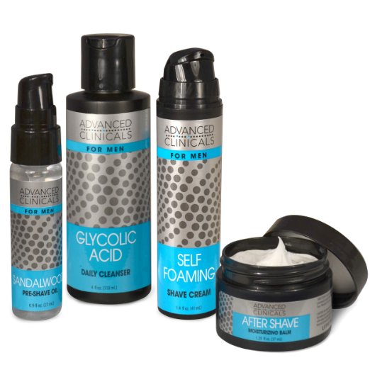 Advanced Clinicals Luxury Men's Shave Kit: Glycolic Acid Cleanser, Sandalwood Pre-shave Oil, Self-foaming Shave Cream, and After-shave Moisturizing Balm Cream