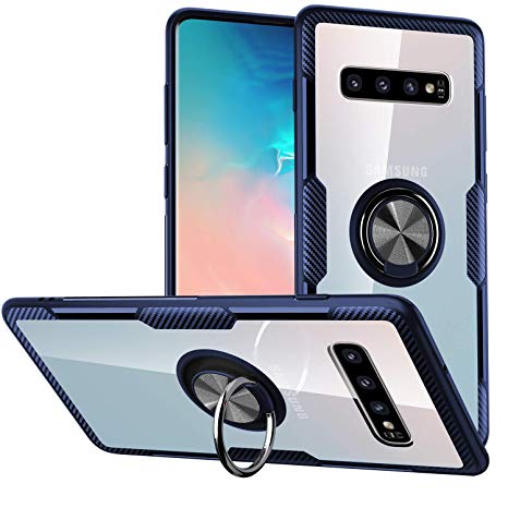 Galaxy S10 Case,SQMCase Crystal Clear Carbon Fiber Design Armor Protective Case with 360 Degree Rotation Finger Ring Grip Holder Kickstand [Work with Magnetic Car Mount] for Galaxy S10,Blue