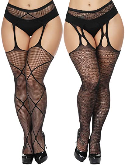 TGD Womens Plus Size Stockings Suspender Pantyhose Fishnet Tights Black Thigh High Stocking 2Pairs Size(US 8-16)