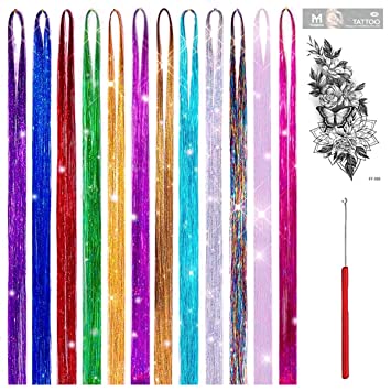 Hair Tinsel Kit with Tools 12 Colors Tinsel Hair Extensions 3200 Strands 48 Inch Fairy Hair Tinsel Kit Heat Resistant Safe for Christmas New Year Party Hair Glitter (48 inch, 12 colors)