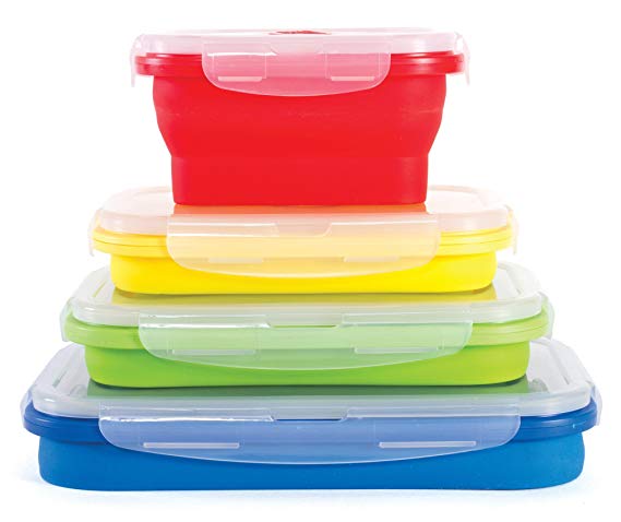 Thin Bins Collapsible Containers – Set of 4 Square Silicone Food Storage Containers – BPA Free, Microwave, Dishwasher and Freezer Safe - No more cluttered container cabinet!