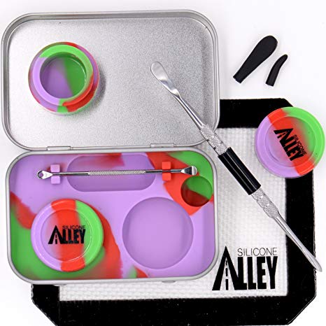 Wax Carving Travel Kit [PSYCHEDELIC SERIES] - Fits in Pocket - Nonstick Tin with Silicone Jar Containers 5ml (2 units)   Stainless Steel Carving Tool (1)   Mini Carver (1)   Wax Mat 3" x 5" (1)