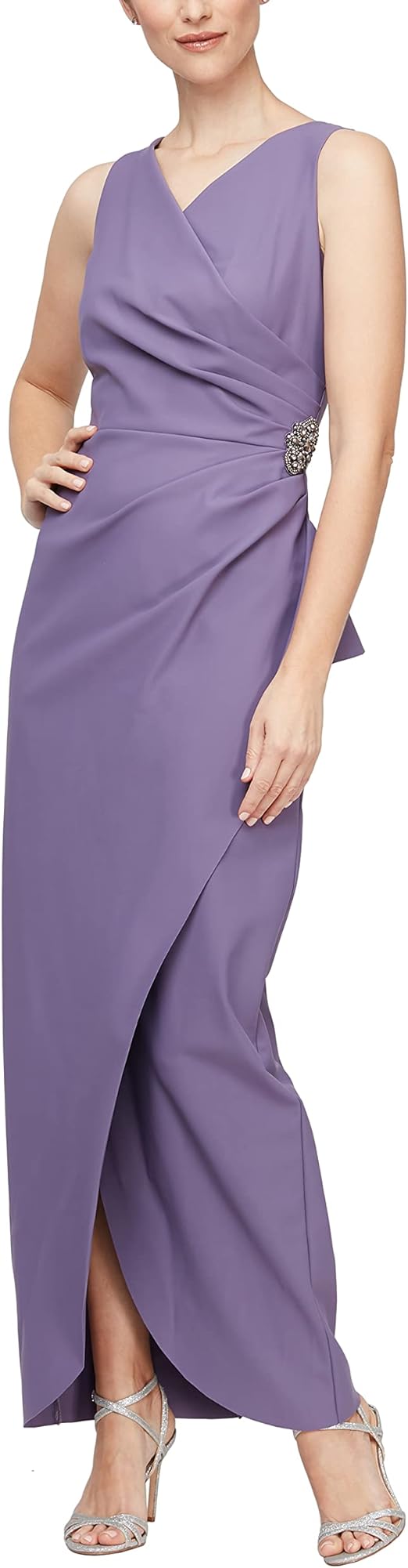 Alex Evenings Women's Slimming Long Side Ruched Dress with Cascade Ruffle Skirt