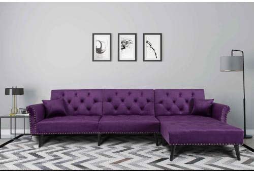 NOUVCOO Button Tufted Convertible Bed with 2 Pillows, Reversible Chaise, Sofa L Shape Sectional Couch Sleeper for Living Room Furniture, Purple Velvet