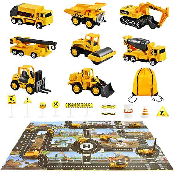 WTOR Boys Construction Vehicles Truck Toys Set with Play Mat - 8 Mini Engineer Pull Back Cars, Playmat & 12 Road Signs, Toy Car Set Christmas Birthday Gift for Boys Toddlers