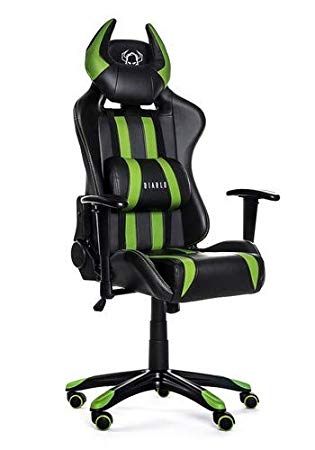 Diablo X-One Horn Gaming Office Video PC Desk Chair Ergonomic Adjustable Armrests Neck Lumbar Cushion Artificial Leather Loadable Up to 150 Kg (Black/Green), Leatherette,